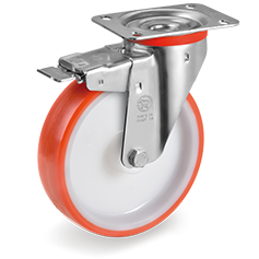 Injection polyurethane wheel, polyamide 6 centre, swivel top plate bracket type NL with front lock, 606603